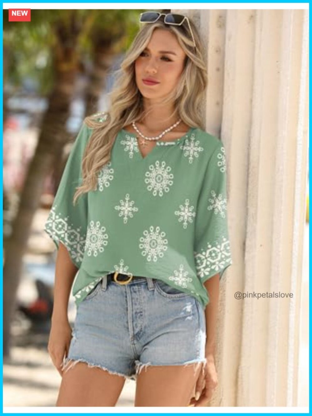 3/4 Sleeve Boho V Neck Tunic Blouse Loose Fit Peasant Top - Picture 4 of 6